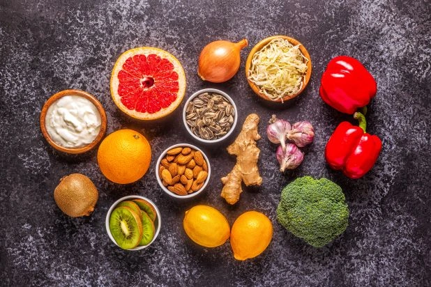 Top view of various foods for strengthening bones